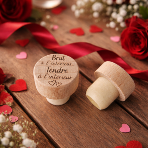 🥂 Bouchon en bois gravé « Brut à l’extérieur, Tendre à l’intérieur »
